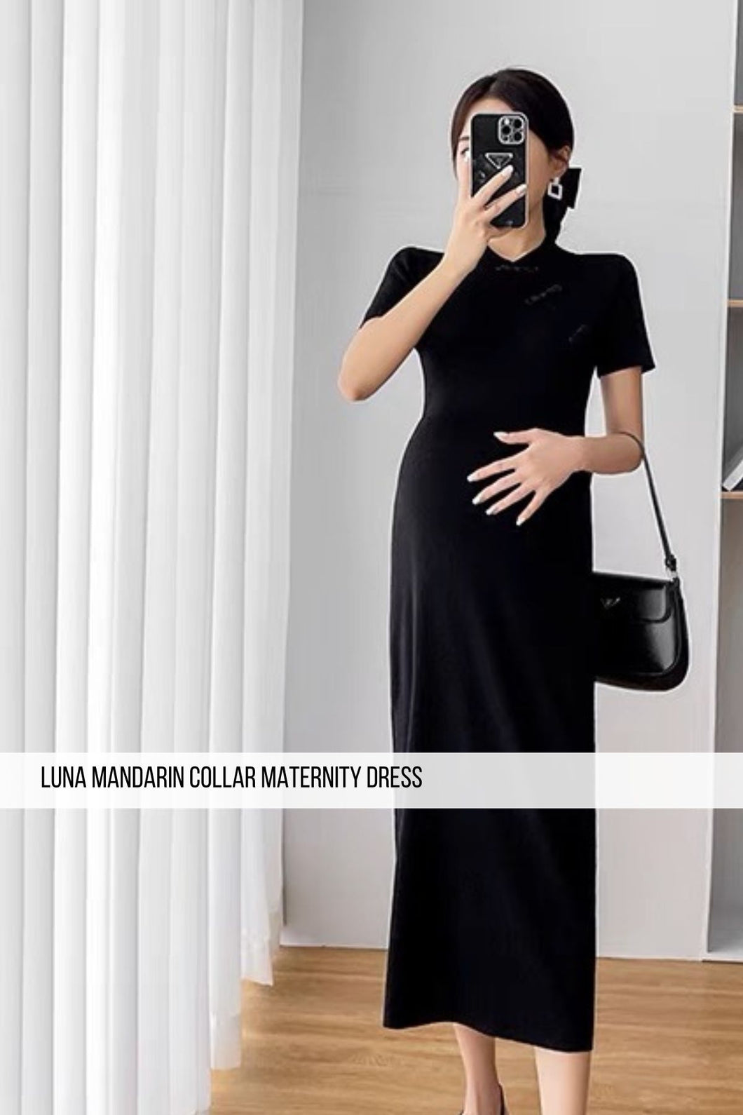 Luna Mandarin Collar Maternity Dress - Black